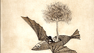 A drawing of a bat flying with a tree.