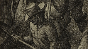 A black and white drawing of men working in a field.
