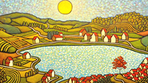 A painting of a village with a lake in the background.