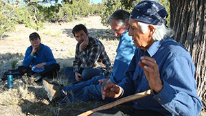 A group of people sitting under a tree.