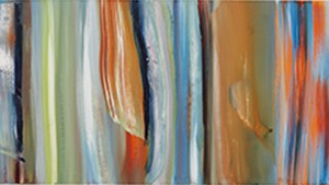 An abstract painting with orange, blue, and green stripes.