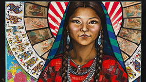 A painting of a native woman in front of a stained glass window.