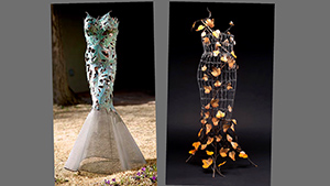 Two sculptures of a dress with leaves on it.