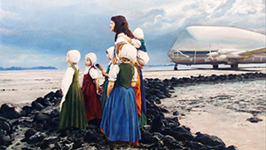 A painting of a group of children standing in front of a plane.