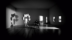 A black and white photo of a man sitting in a room with shadows.