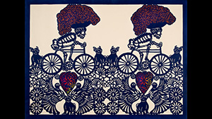 Two skeletons riding bicycles on a blue background.