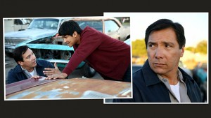 Two pictures of a man standing next to a car.