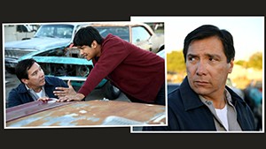 Two pictures of a man standing next to a car.