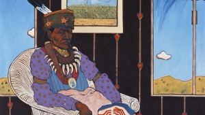 A painting of a native american man sitting in a chair.