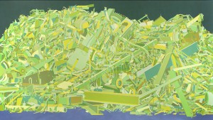 A painting of a pile of yellow and green pieces.