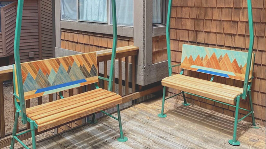 Two painted Ski Lifts Coverted into outdoor seating