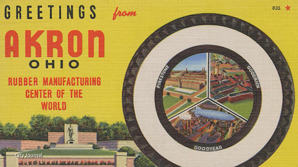 An old post card that says "greetings from Akron Ohio, Rubber Manufacturing Center of The World"