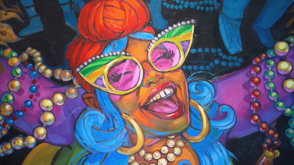 A colorful painting depicting a woman laughing
