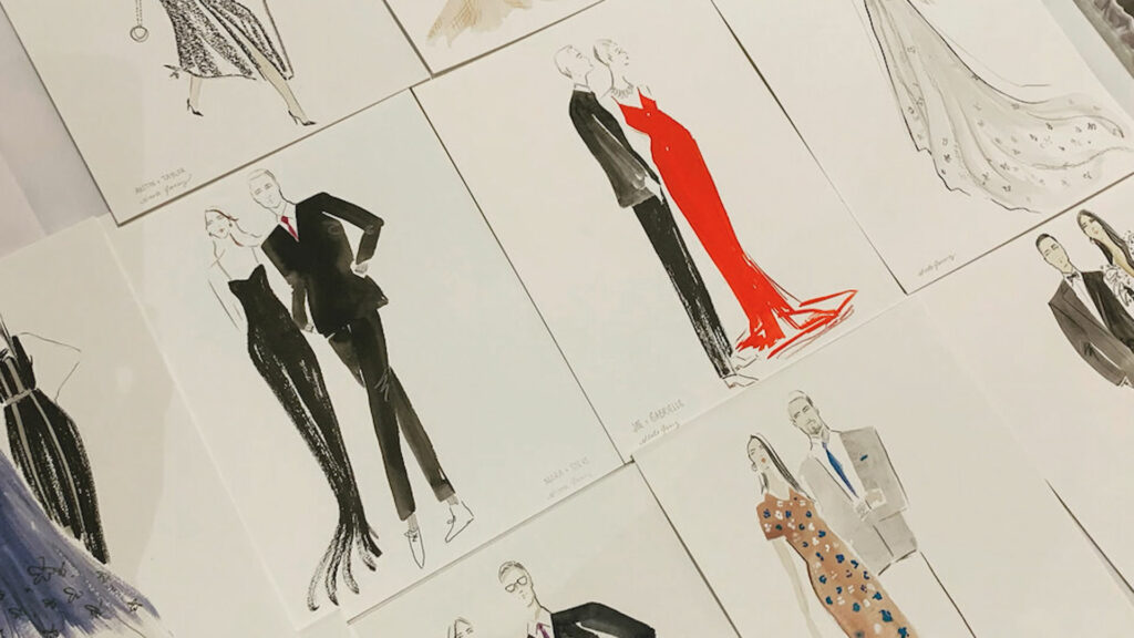 Fashion illustrations of figures in various outfits.