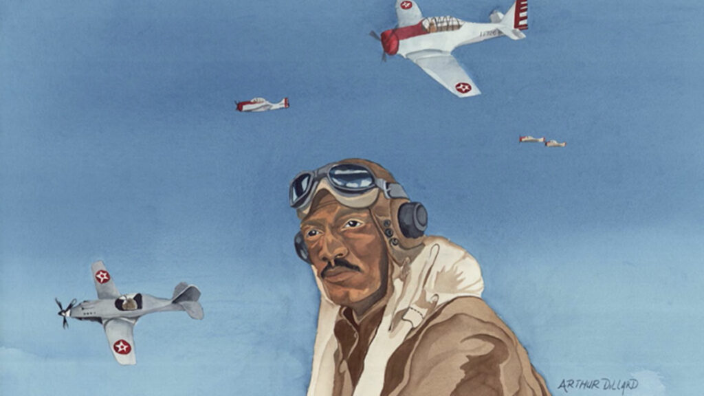 A watercolor painting of a man in a pilots outfit with planes flying overhead.
