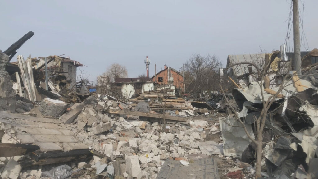 A destroyed neighborhood of rubble in Ukraine.