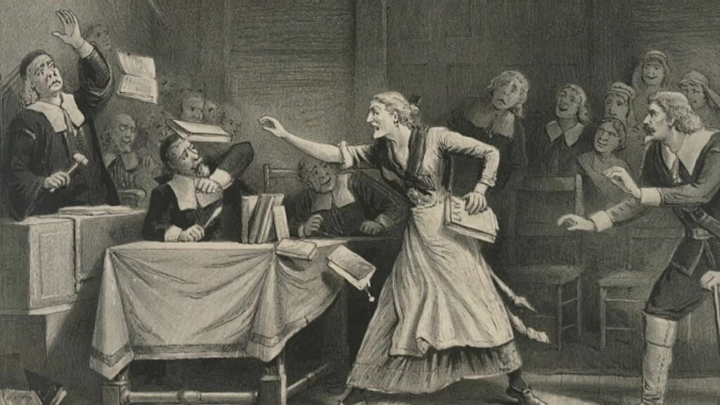 A historical sketch of the Salem Witch Trials depicting a "witch" lashing out.