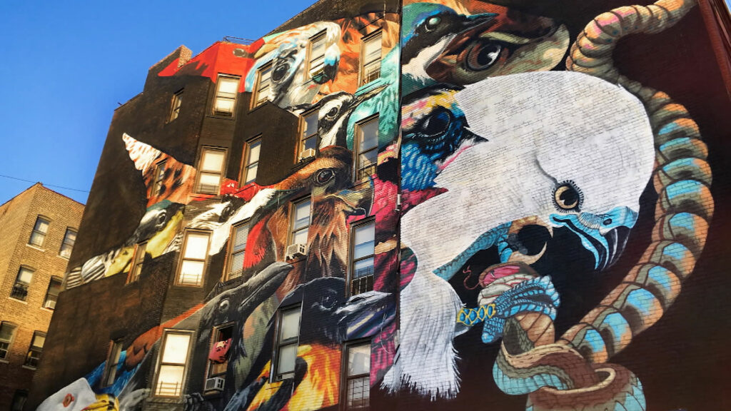 A mural of various birds on the side of a building.