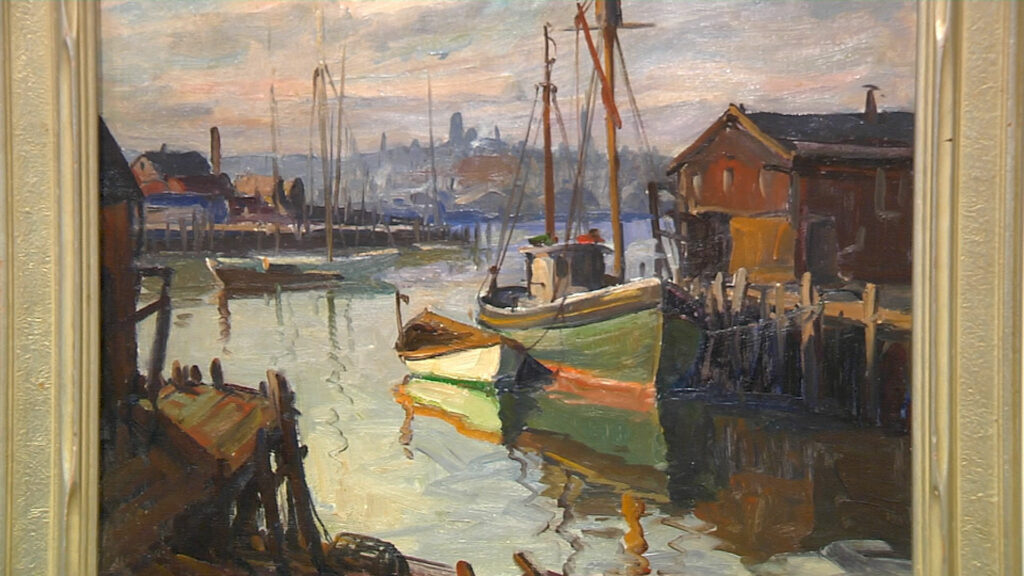 A painting of Cape Ann featuring docks and boats.