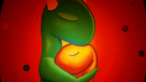 Gabriela Henner's artwork depicting green and yellow monsters hugging.