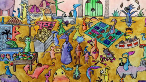 Gabriela Henner's piece of artwork with lots of colorful little monsters.