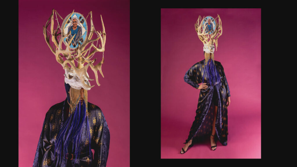 Two images of Amber Dawn Bear Robe's fashion designs.
