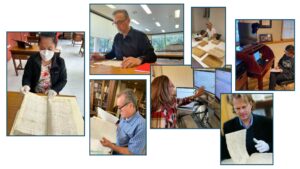 A collage of pictures of people working at a desk.