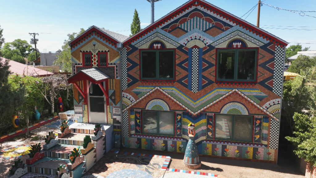 A house with a colorful tiled roof.