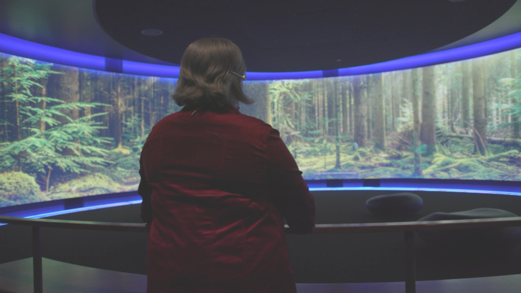 A woman in a red coat looking at a large screen.