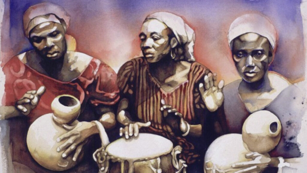 A watercolor painting of three women playing drums.