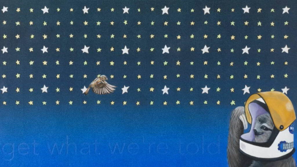 A painting of a bird with stars in the sky.