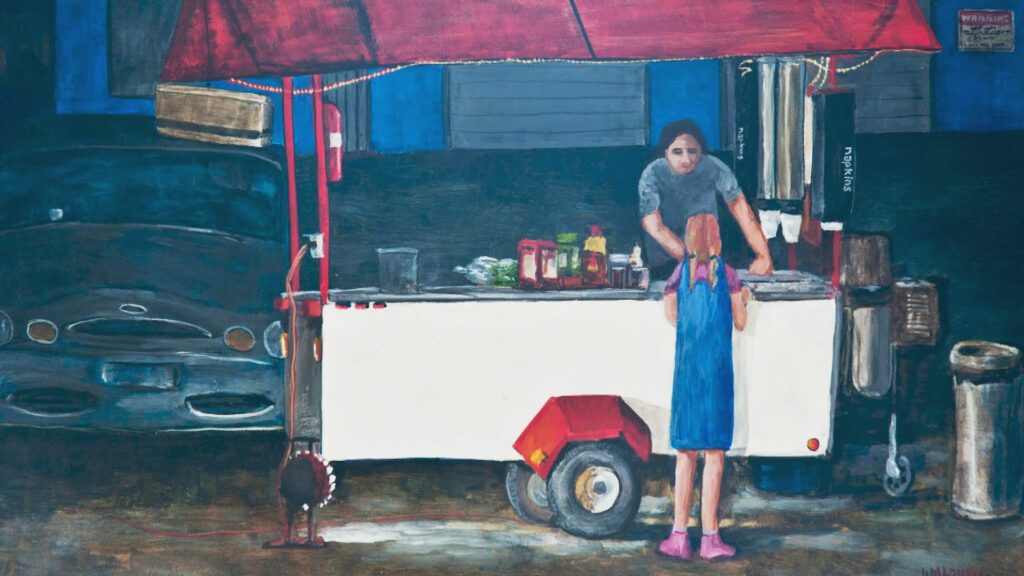 A painting of a woman standing in front of a food cart.
