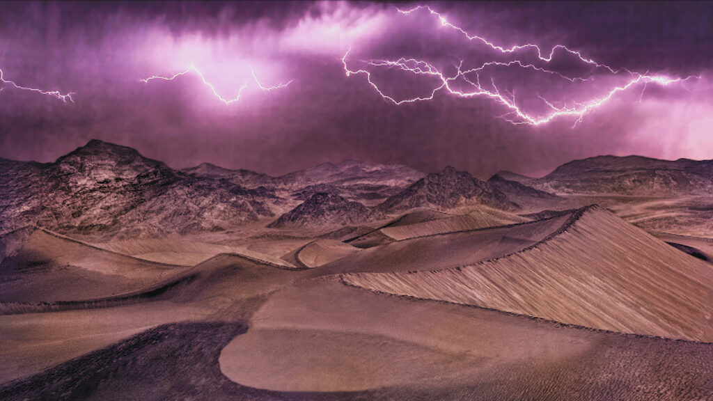 An image of a desert with a purple sky and lightning.