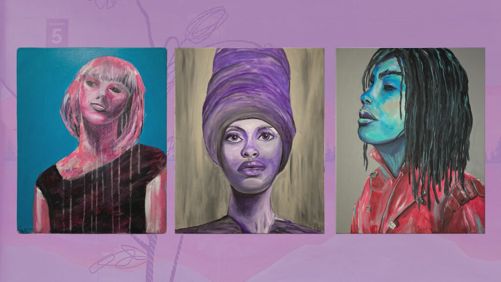 Three paintings of women with purple hair on a purple background.
