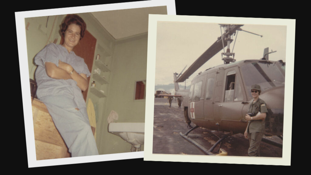 Two photos of a woman standing next to a helicopter.