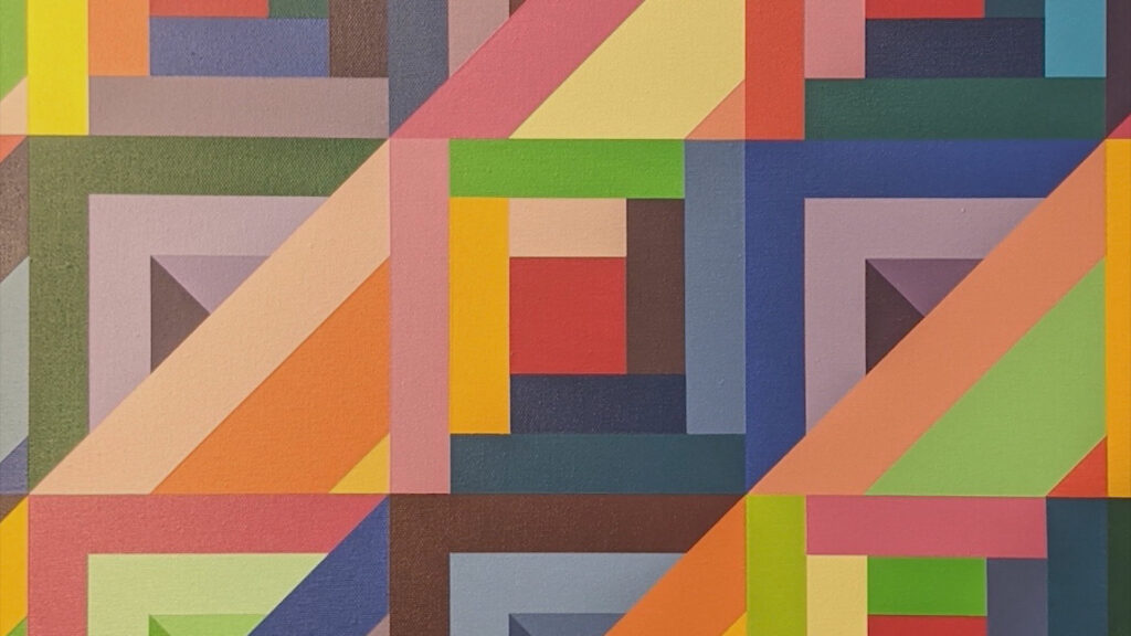 A colorful abstract painting with squares and triangles.