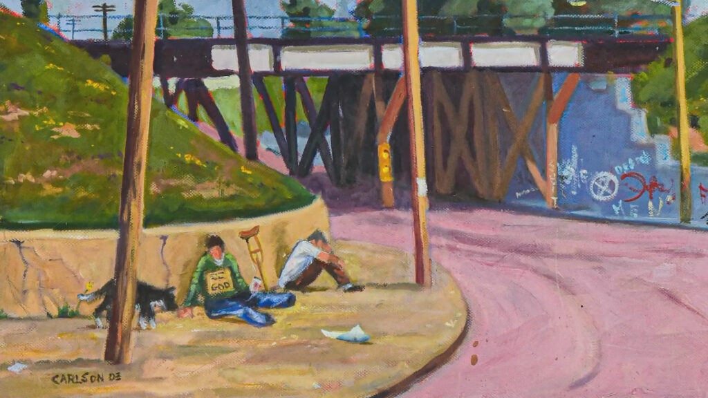 A painting of people sitting on the sidewalk under a bridge.