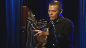 A man playing a harp in front of a microphone.