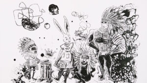 A black and white drawing of a group of people.