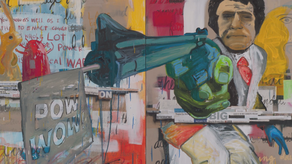 A painting of a man holding a gun.