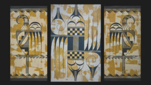Three yellow and black paintings on a black background.