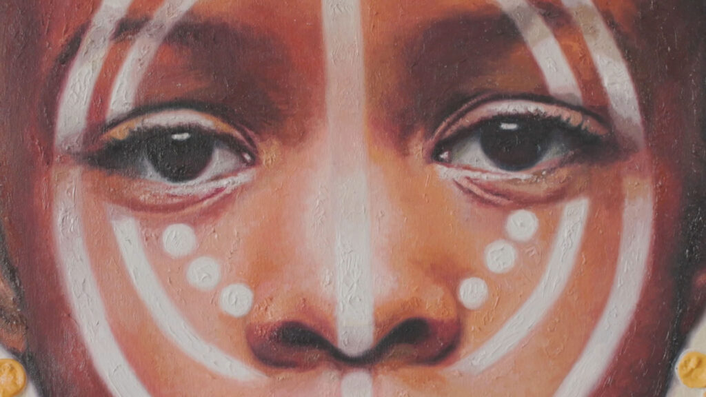 A painting of a child with white paint on her face.