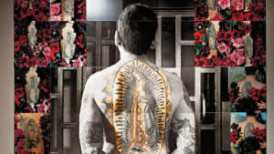 A man with a large tattoo of the Virgin of Guadalupe on his back stands facing away, surrounded by a collage of colorful floral images and similar tattoos.