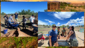 People working together outdoors with shovels and wheelbarrows in a rural setting, under a blue sky with scattered clouds.