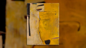Abstract painting featuring bold yellow and black shapes with hints of brown and beige on a textured surface.