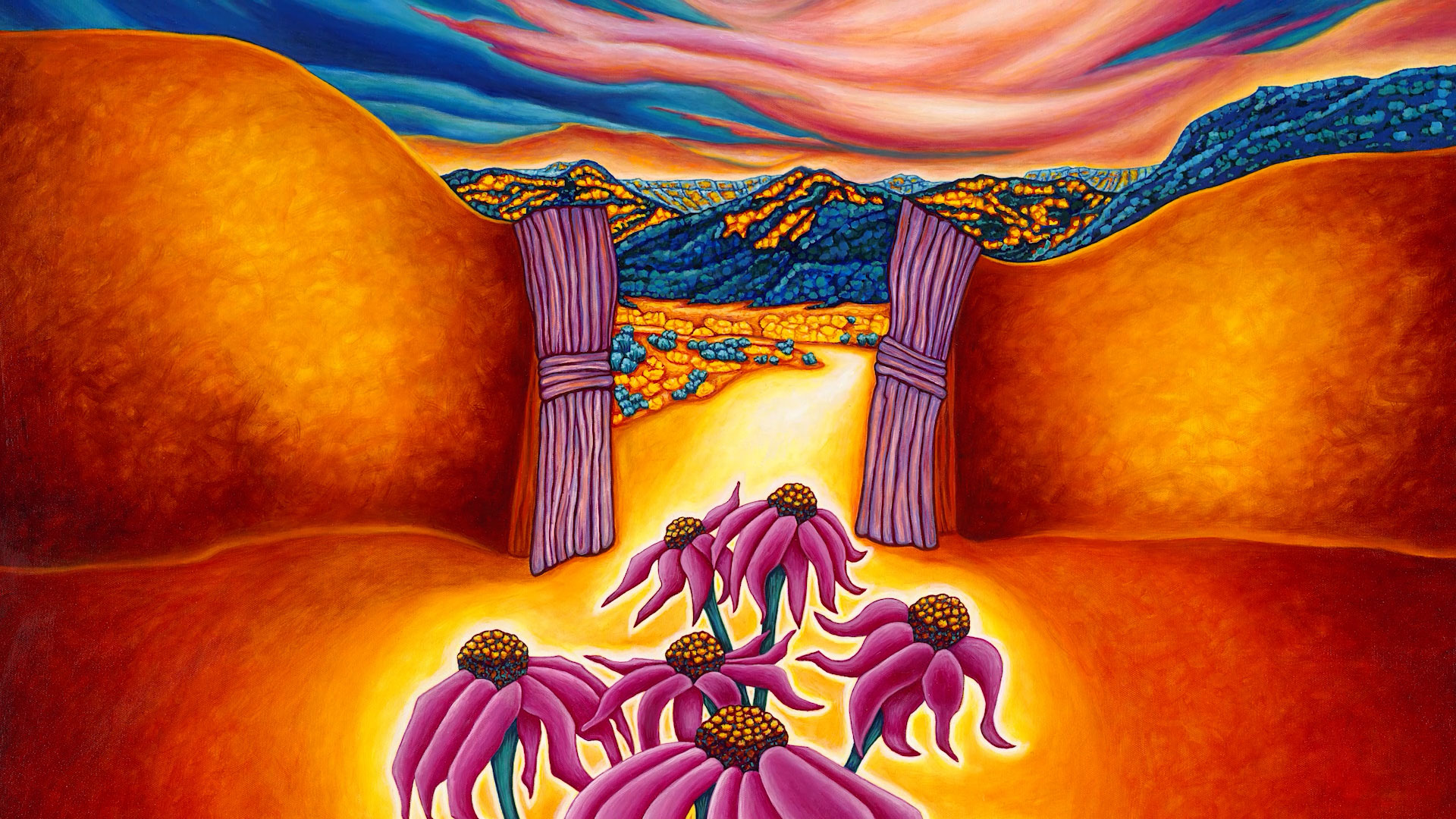 A surreal landscape with orange hills, an open gate, twisting pink flowers in the foreground, and a colorful, swirling sky over distant mountains.