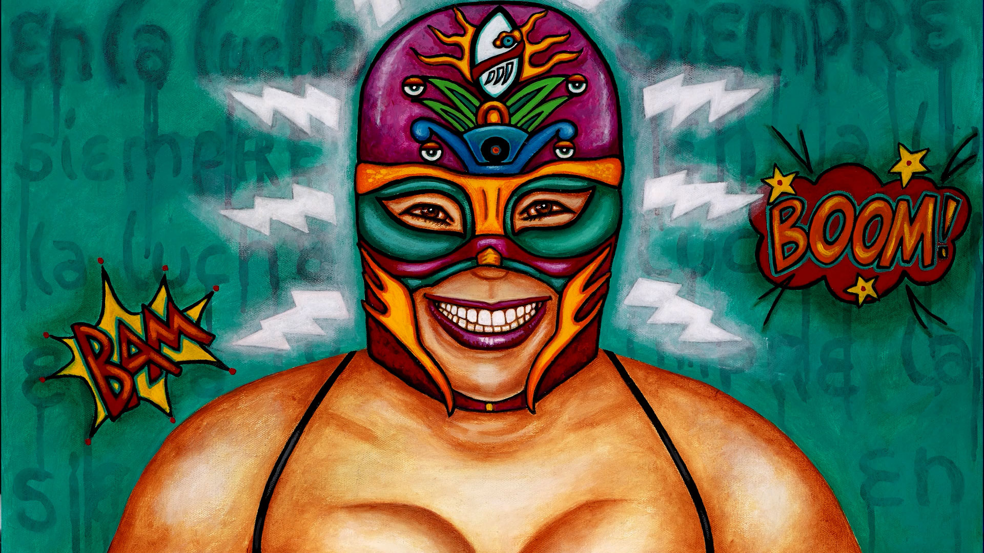A person in a colorful luchador mask smiles widely. Comic-style "BAM" and "BOOM" text appear on the sides, with a green background featuring faint Spanish writing.