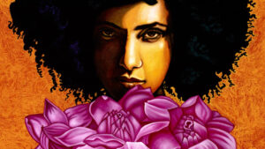 Painting of a woman's face with curly hair against an orange background, partially obscured by large pink-purple flowers in the foreground.