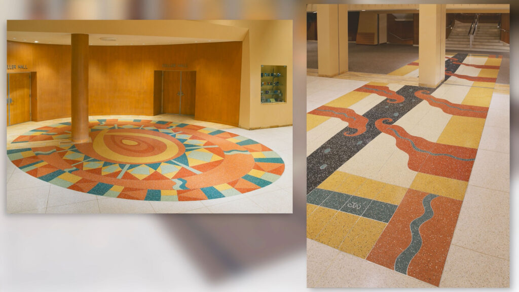 Two views of colorful geometric terrazzo floor designs; one is a circular sunburst pattern, the other features wavy lines and blocks of color in a hallway.