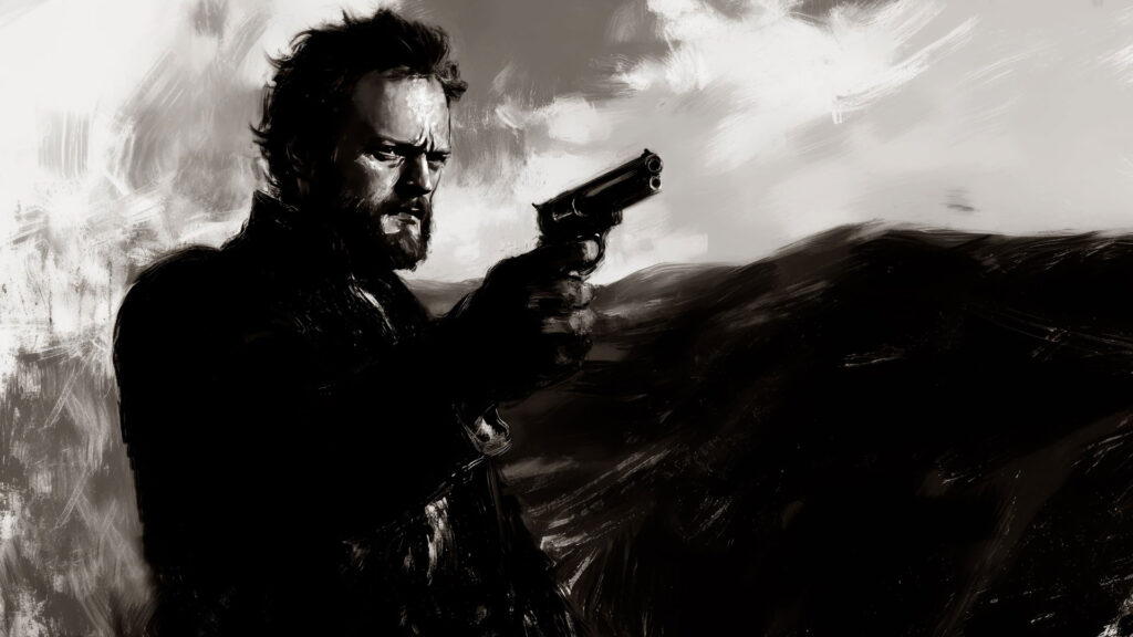 A man with a beard points a handgun forward, set against a dark, dramatic landscape with cloudy skies in a monochrome, painted style.